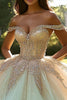 Load image into Gallery viewer, Sparkly Champagne Ball Gown Off the Shoulder Tulle Quinceanera Dress with Beading