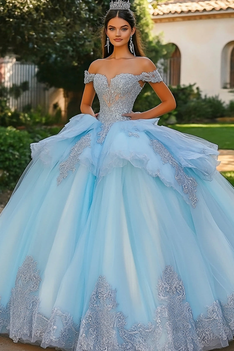 Load image into Gallery viewer, Sky Blue Princess Off the Shoulder Tulle Quinceanera Dress with Appliques