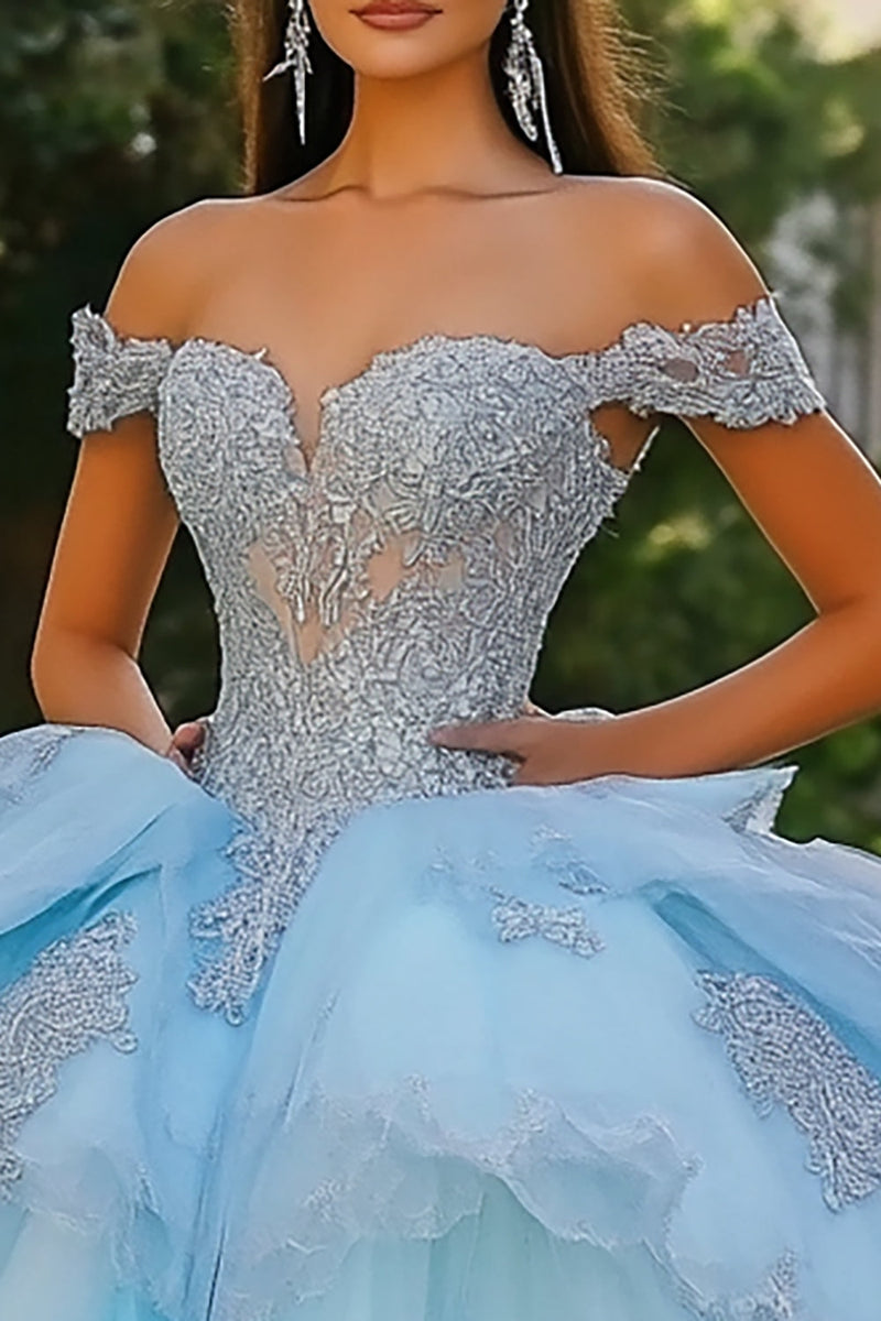 Load image into Gallery viewer, Sky Blue Princess Off the Shoulder Tulle Quinceanera Dress with Appliques