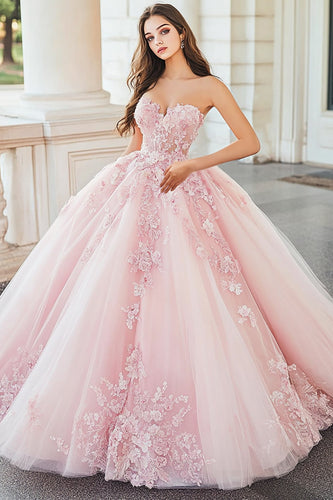 Pink Sweetheart Ball Gown Tulle Quinceanera Dress with Floral Appliques