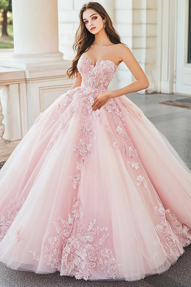 Load image into Gallery viewer, Pink Sweetheart Ball Gown Tulle Quinceanera Dress with Floral Appliques