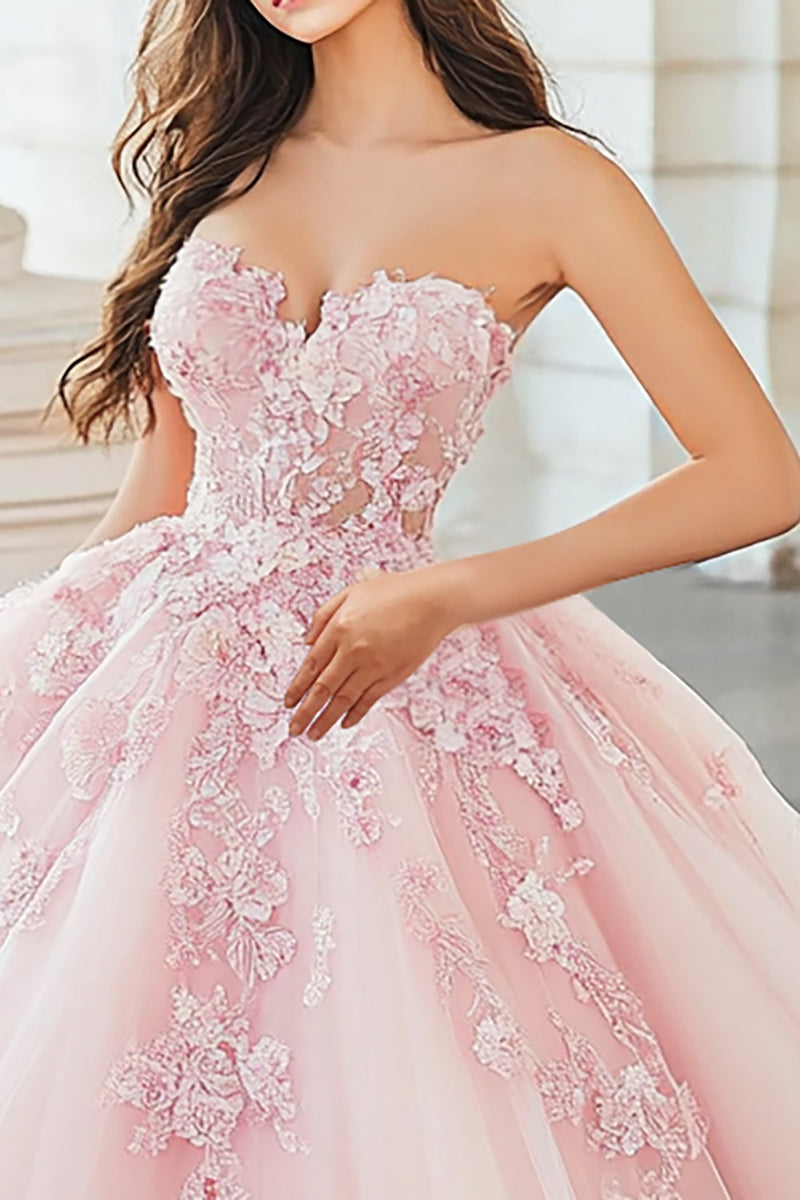 Load image into Gallery viewer, Pink Sweetheart Ball Gown Tulle Quinceanera Dress with Floral Appliques