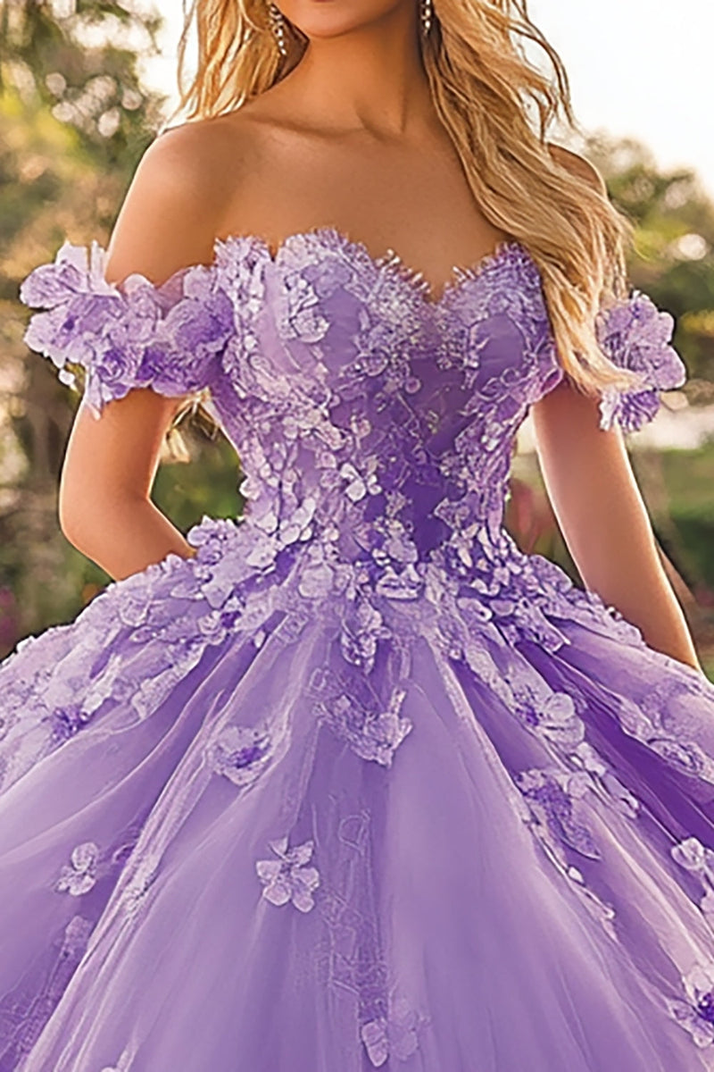 Load image into Gallery viewer, Plum Floral Off The Shoulder Tulle Quinceanera Dress with Appliques