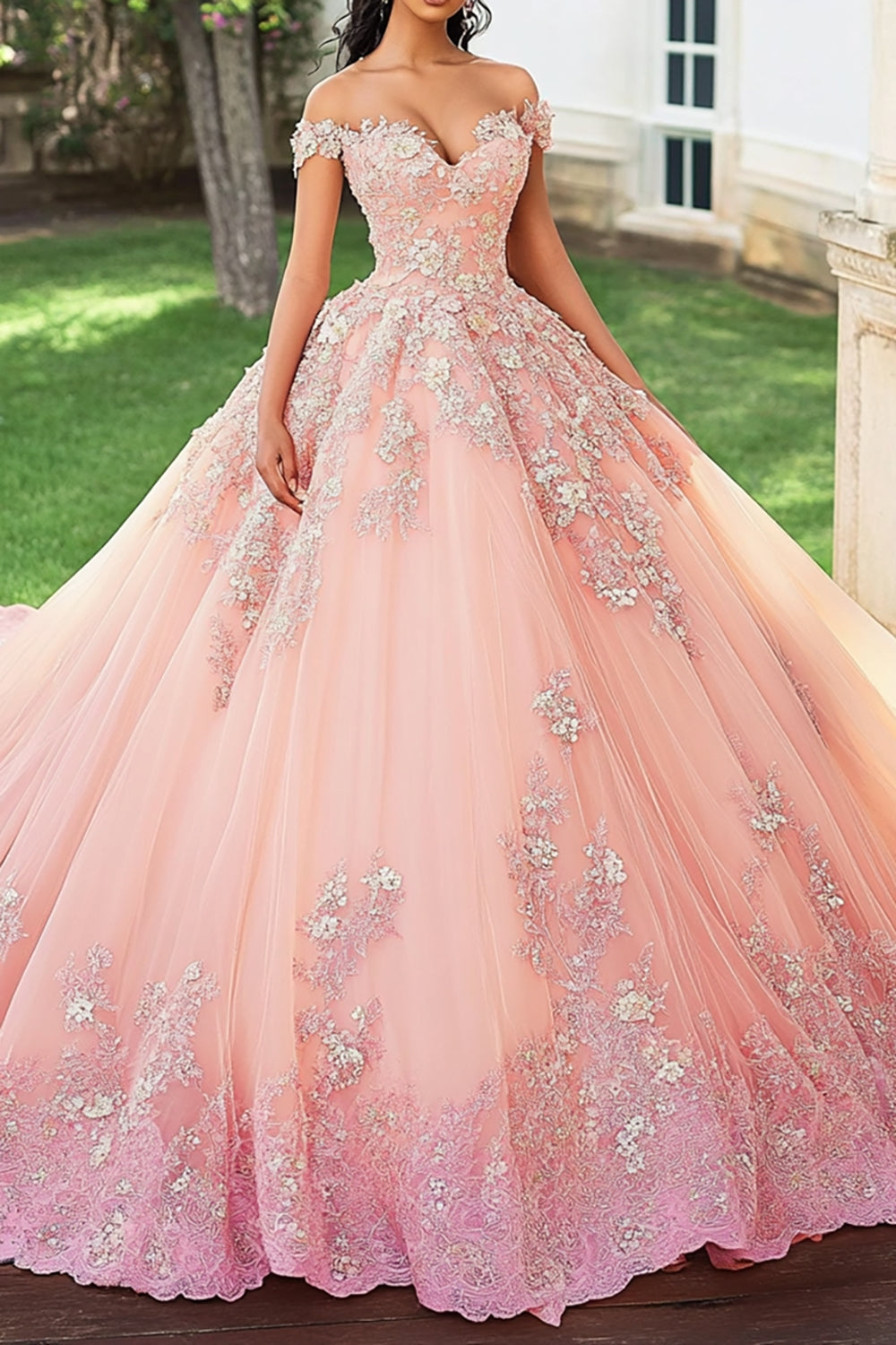 Blush Appliqued Off The Shoulder Quinceanera Dress