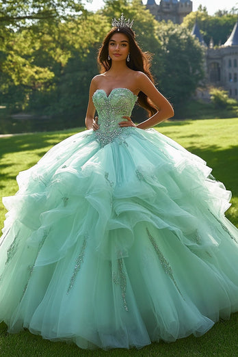 Glitter Mint Tulle Sweetheart Princess Quinceanera Dress with Beadings