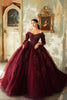 Load image into Gallery viewer, Sparkly Burgundy Lace Off The Shoulder Quinceanera Dress with 3/4 Sleeves