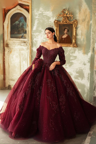 Sparkly Burgundy Lace Off The Shoulder Quinceanera Dress with 3/4 Sleeves