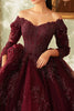 Load image into Gallery viewer, Sparkly Burgundy Lace Off The Shoulder Quinceanera Dress with 3/4 Sleeves