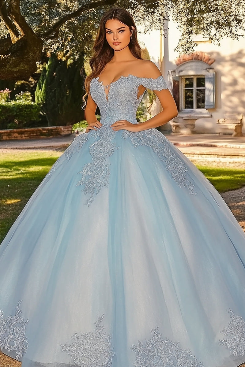 Load image into Gallery viewer, Sky Blue Appliqued Quinceanera Dress with Cape Sleeves