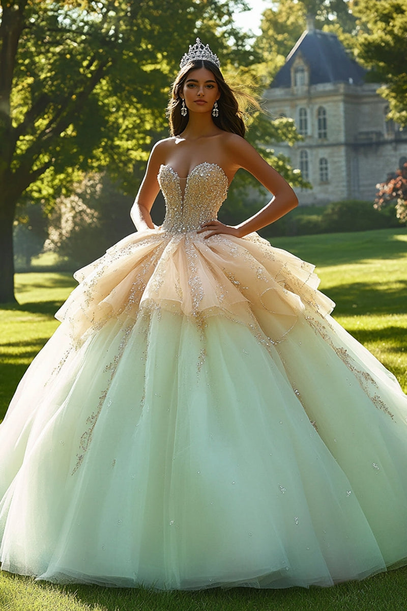 Load image into Gallery viewer, Sparkly Champagne Tulle Ruffled Quinceanera Dress