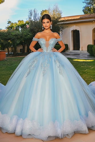 Princess Sky Blue Off The Shoulder Quinceanera Dress