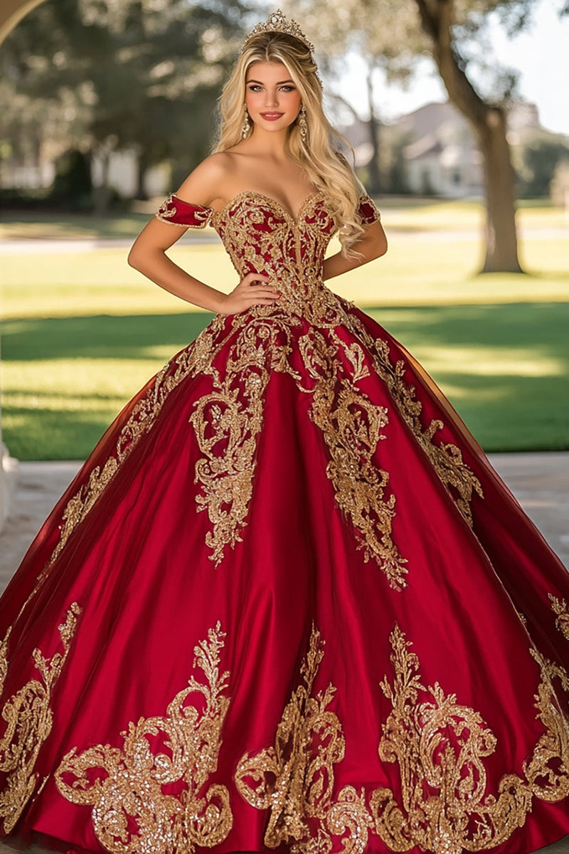 Load image into Gallery viewer, Sparkly Red Golden Satin Quinceanera Dress with Appliques