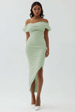 White Sheath Off the Shoulder Matte Satin Asymmetrical Graduation Dress
