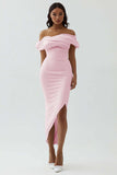 White Sheath Off the Shoulder Matte Satin Asymmetrical Graduation Dress