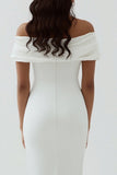 White Sheath Off the Shoulder Matte Satin Asymmetrical Graduation Dress