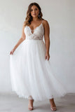 White A Line Spaghetti Straps Plus Size Tulle Engagement Dress with Lace