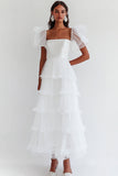 A Line White Ruffled Half Sleeve Square Neck Graduation Dress