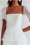 A Line White Ruffled Half Sleeve Square Neck Graduation Dress