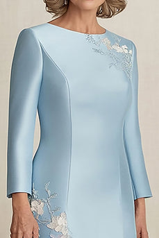 Satin Sky Blue Column Mother Of Bride Dress with Lace