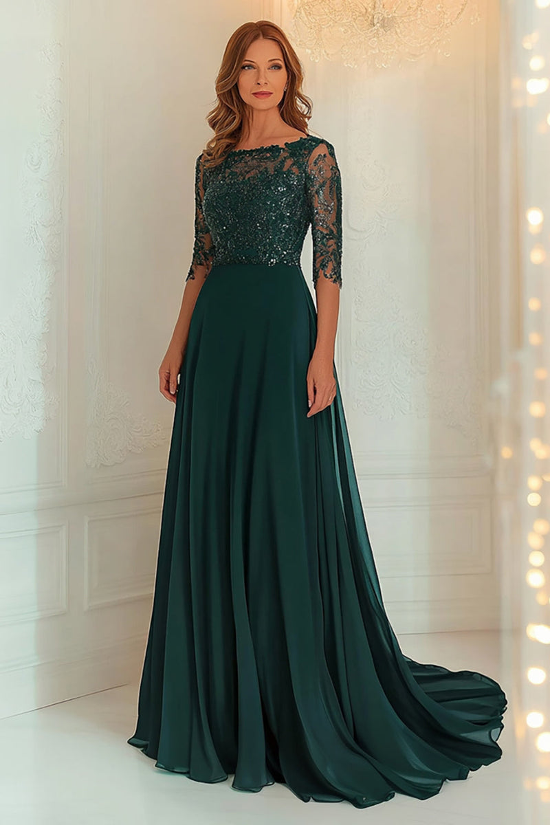 Load image into Gallery viewer, Chiffon Lace Dark Green Mother Of The Dress  with 3/4 Sleeves