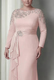 Sheath Blush Long Sleeves Satin Plus Size Mother Of The Bride Dress with Ruffles