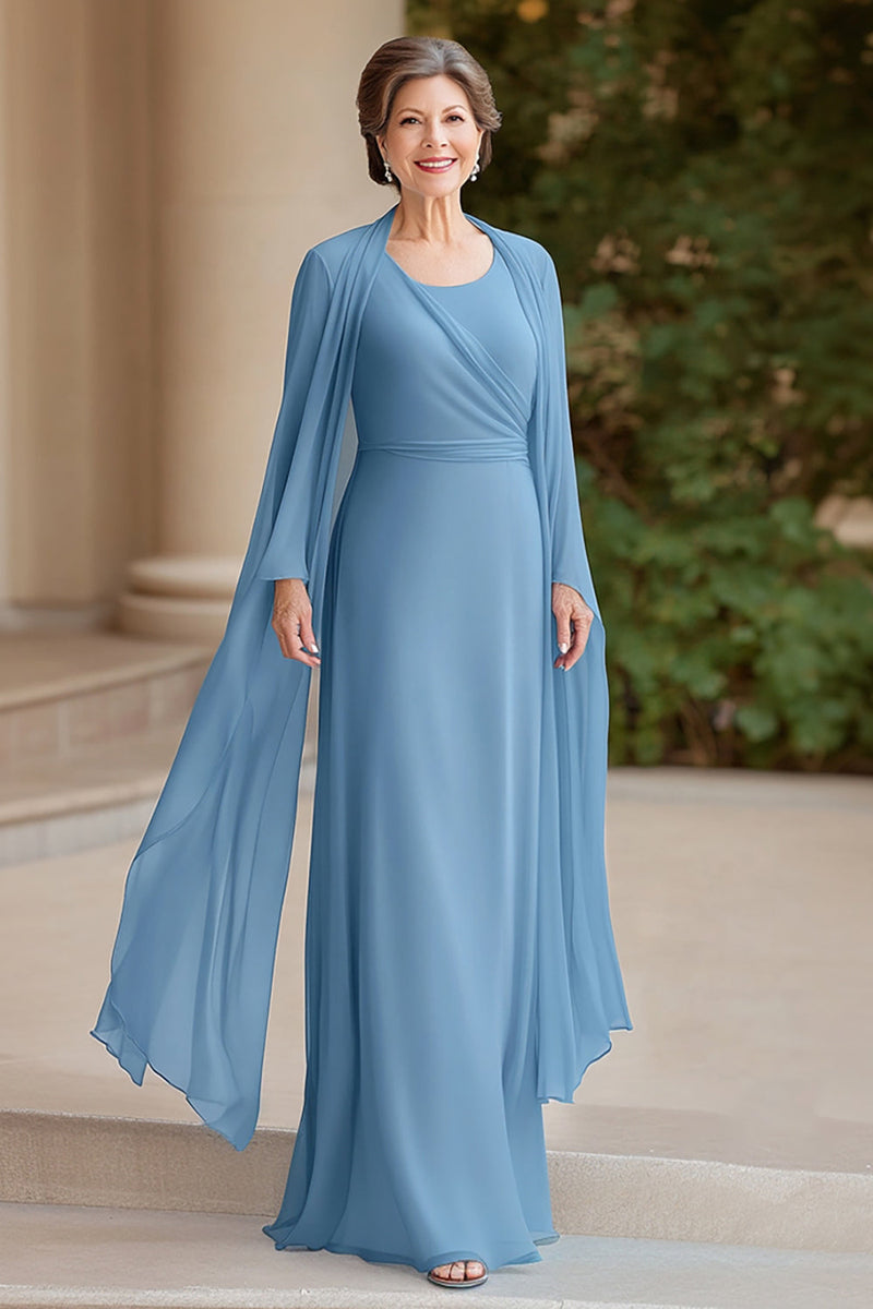 Load image into Gallery viewer, Black Tie Dusty Blue A-Line Scoop Chiffon Long Mother of the Bride Dress with Long Sleeves