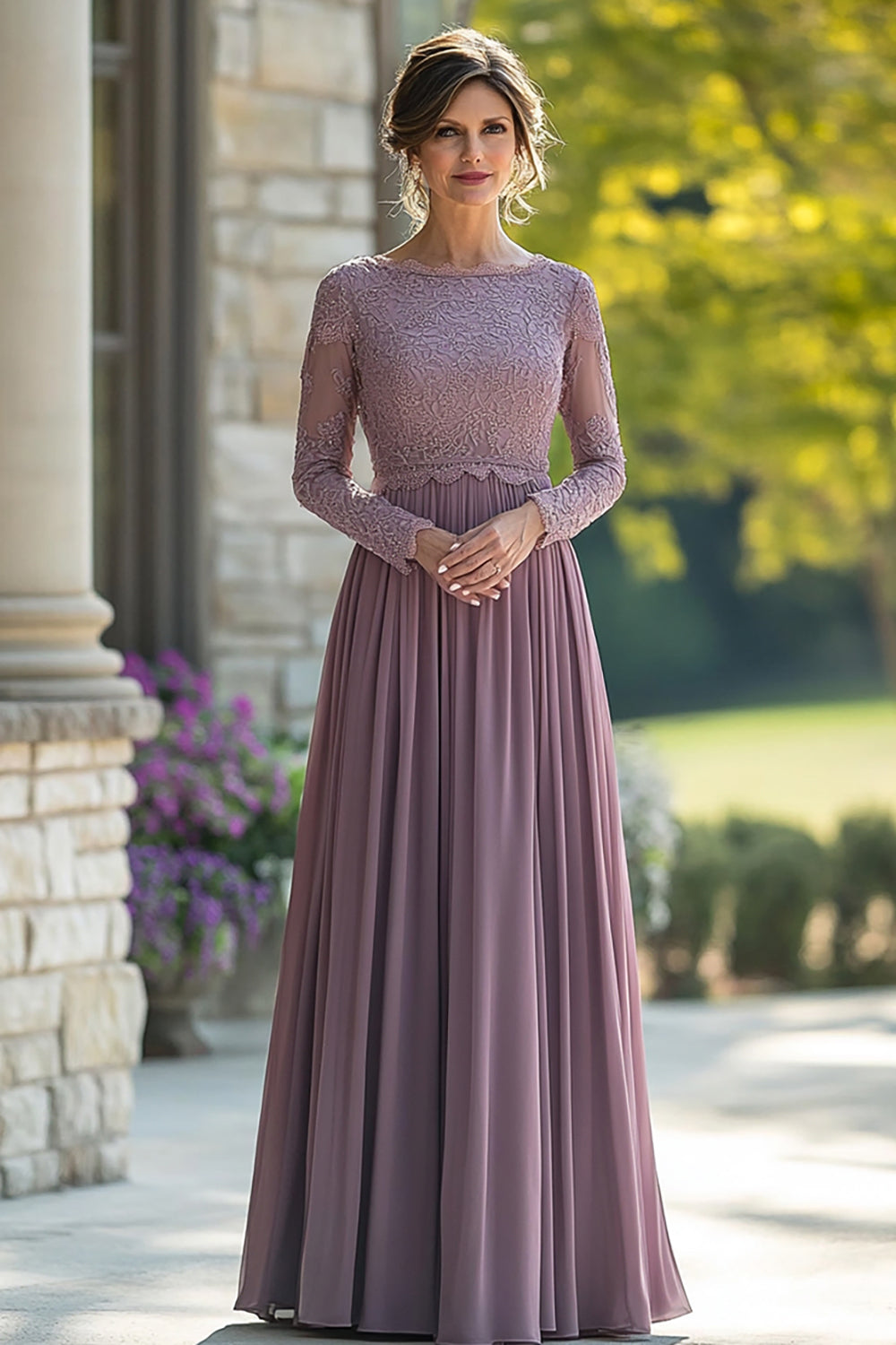 Black Tie Vintage Mauve Column Scoop Chiffon Long Mother of the Bride Dress with Lace Appliques