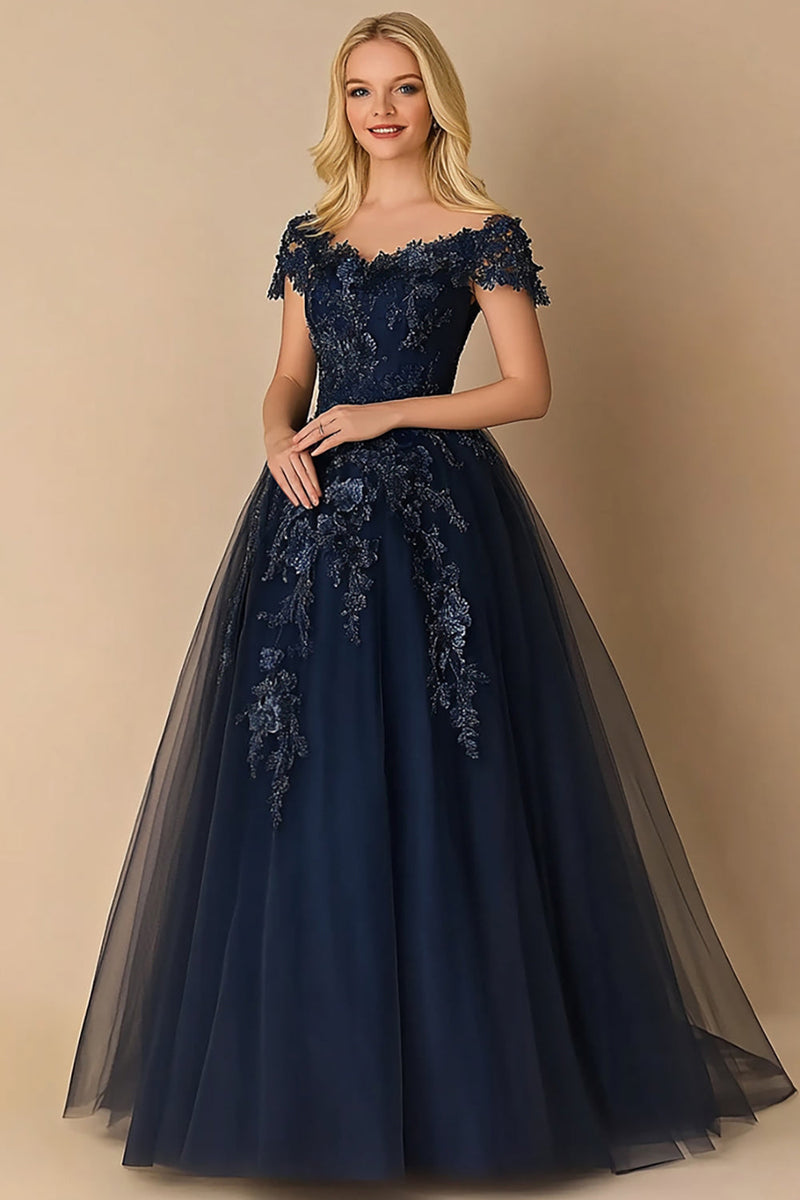 Load image into Gallery viewer, Black Tie Navy A-Line V-neck Tulle Long Mother of the Bride Dress with Short Sleeves