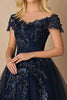 Load image into Gallery viewer, Black Tie Navy A-Line V-neck Tulle Long Mother of the Bride Dress with Short Sleeves