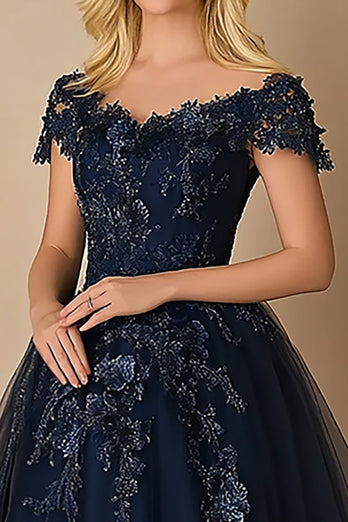 Black Tie Navy A-Line V-neck Tulle Long Mother of the Bride Dress with Short Sleeves