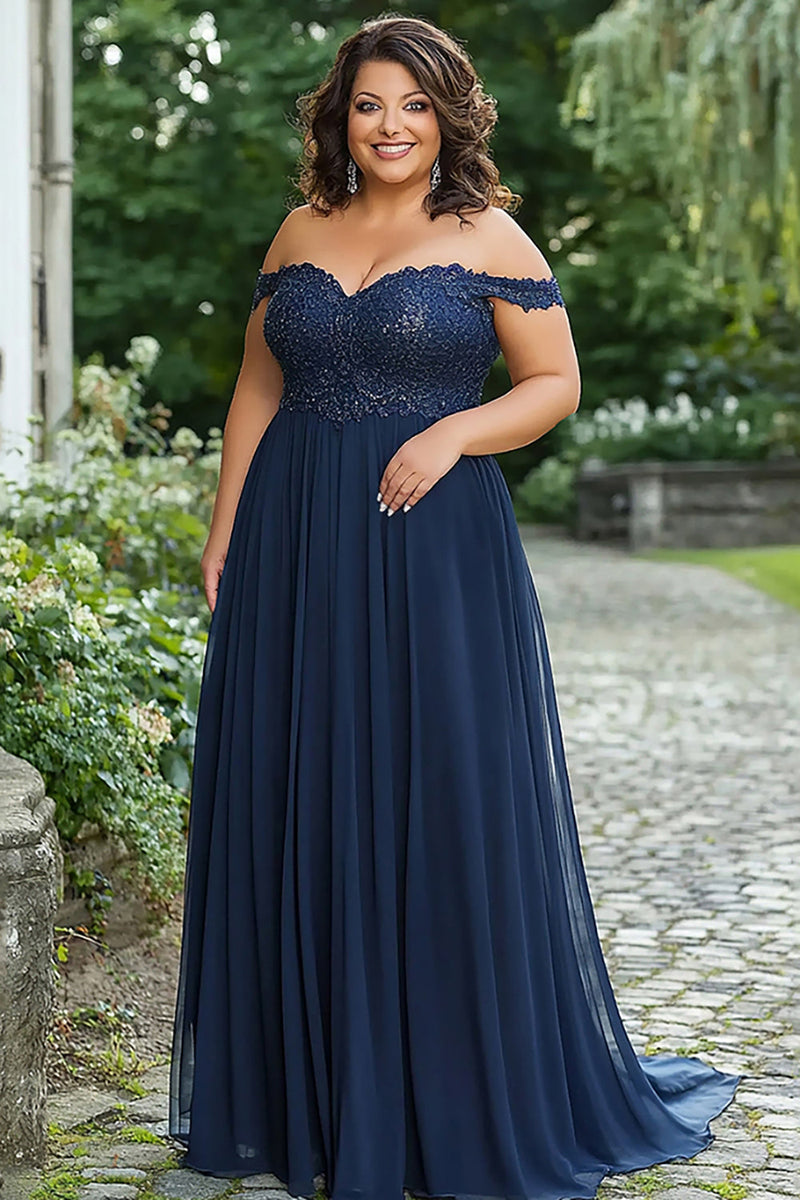 Load image into Gallery viewer, Elegant Navy Off the Shoulder A-Line Chiffon Long Mother of the Bride Dress with Lace Appliques