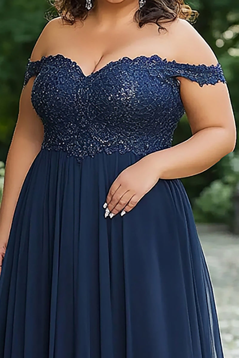 Load image into Gallery viewer, Elegant Navy Off the Shoulder A-Line Chiffon Long Mother of the Bride Dress with Lace Appliques