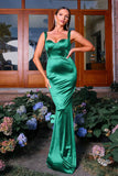 Dark Green Mermaid Spaghetti Straps Satin Long Formal Dress