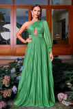 Green A Line One Shoulder Long Sleeve Pleated Long Formal Dress