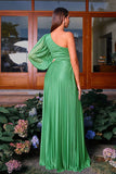 Green A Line One Shoulder Long Sleeve Pleated Long Formal Dress