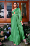 Green A Line One Shoulder Long Sleeve Pleated Long Formal Dress