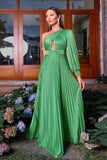 Green A Line One Shoulder Long Sleeve Pleated Long Formal Dress