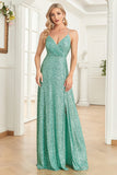 A Line Spaghetti Straps Sequin Mint Long Formal Dress with Slit