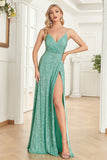 A Line Spaghetti Straps Sequin Mint Long Formal Dress with Slit