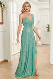 A Line Spaghetti Straps Sequin Mint Long Formal Dress with Slit