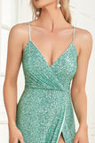 A Line Spaghetti Straps Sequin Mint Long Formal Dress with Slit