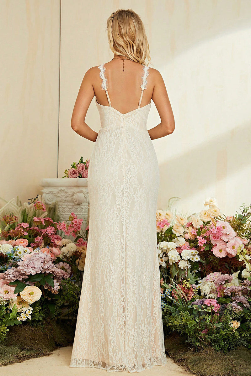 Load image into Gallery viewer, Ivory Apricot Spaghetti Straps Mermaid Lace Long Wedding Dress