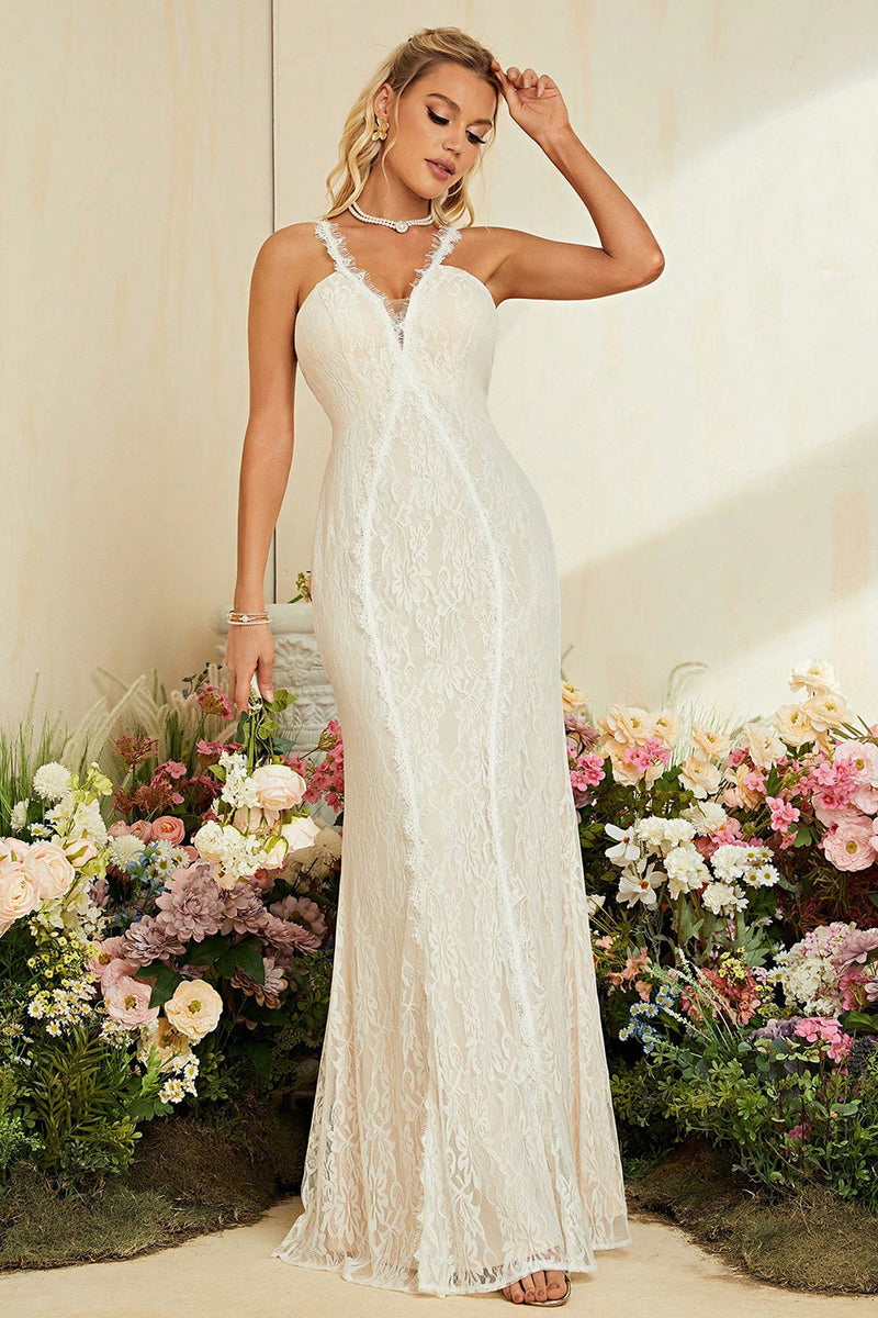 Load image into Gallery viewer, Ivory Apricot Spaghetti Straps Mermaid Lace Long Wedding Dress