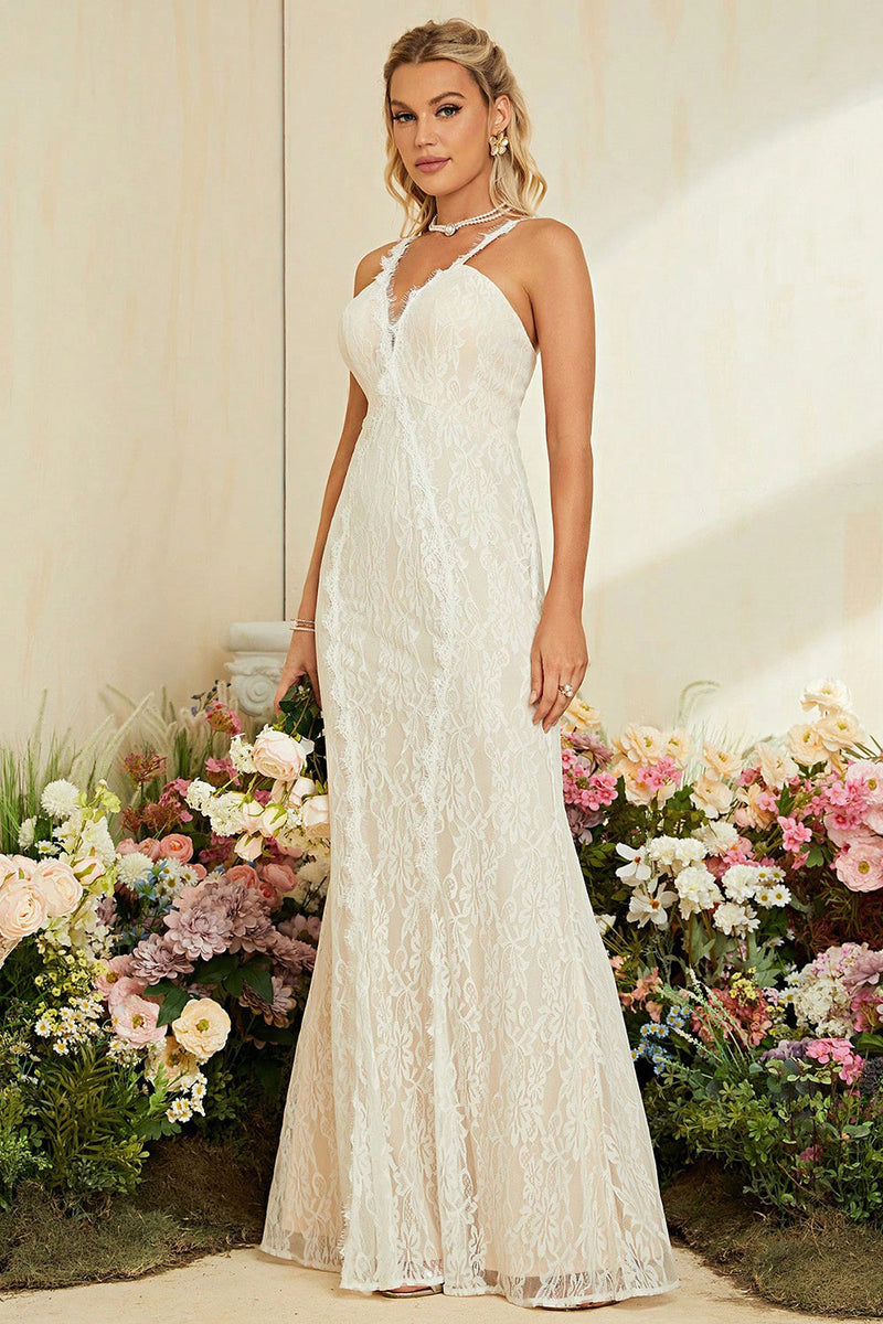 Load image into Gallery viewer, Ivory Apricot Spaghetti Straps Mermaid Lace Long Wedding Dress