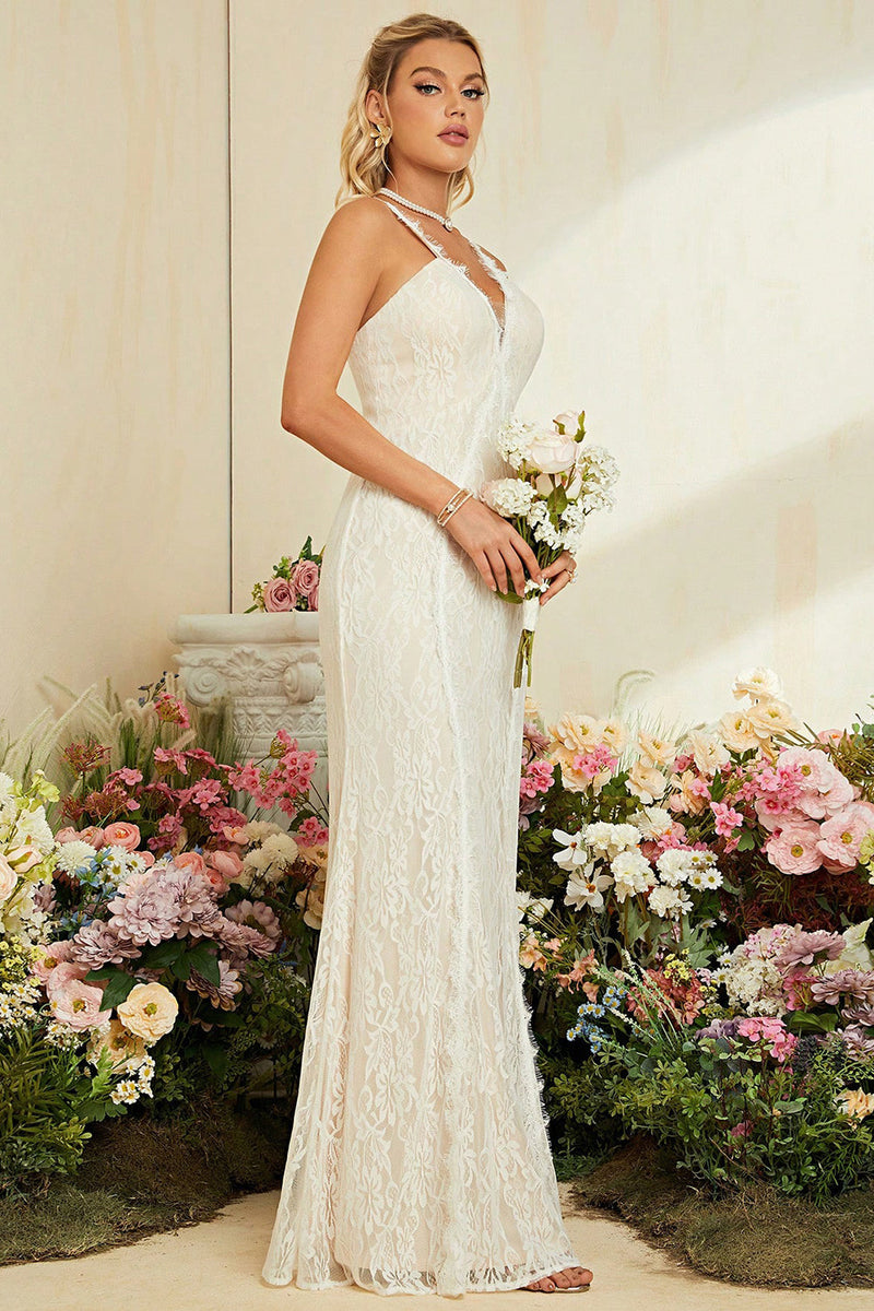 Load image into Gallery viewer, Ivory Apricot Spaghetti Straps Mermaid Lace Long Wedding Dress