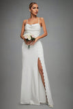 Ivory Spaghetti Straps Mermaid Ruched Long Wedding Dress with Slit