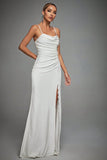 Ivory Spaghetti Straps Mermaid Ruched Long Wedding Dress with Slit