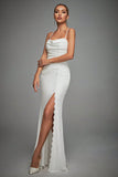 Ivory Spaghetti Straps Mermaid Ruched Long Wedding Dress with Slit