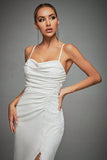 Ivory Spaghetti Straps Mermaid Ruched Long Wedding Dress with Slit
