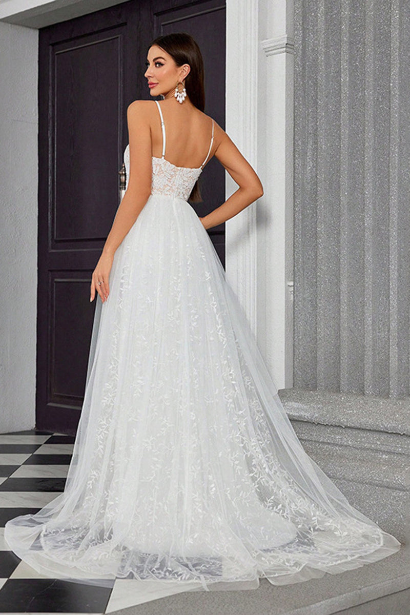 Load image into Gallery viewer, A Line Ivory Spaghetti StrapsAppliqued Long Wedding Dress